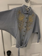 Vintage 1940s 1950s Blue wool Knit hand Beaded embroidered Cardigan Sweater