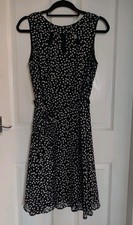 Wallis Black & White Spot Polka Dot Dress 14 Summer Floaty Sleeveless Keyhole