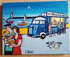 Original Northern Art Oil Painting Phil Lewis 8" X 10" SEA SIDE FISH & CHIPS