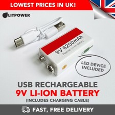 9V Li-Ion Rechargeable Battery & USB Charging Cable + LED Device (PP3/6LR61)