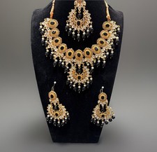 Asian Indian Pakistani Jewellery Rhinestone Gold Necklace Set Earrings With Tika