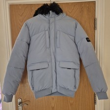 McKenzie Men's Blue Puffer Jacket with Black Fur Trimmed Size Large