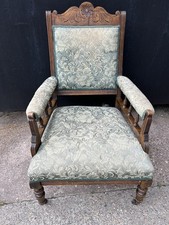 Antique Victorian Hardwood Library Reading Armchair green upholstery