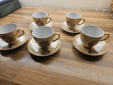 MADE IN GDR Porcelain Teacups & Saucers x5  Gold Rim  Classical Lovers & Cherubs