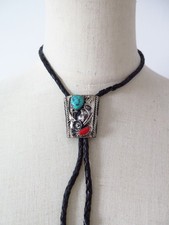 Vintage Signed Bennett Navajo Leather Bolo Tie Native Western  Jewellery