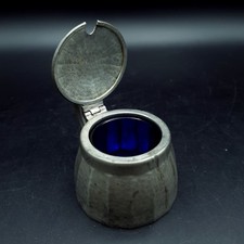 Civic Pewter Mustard Pot cobalt Blue Glass Linet pot England Art Deco H4cm C1930