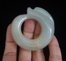 Fine Old Chinese Hand Carving Ring Natural White Yellow Nephrite Jade Pendant