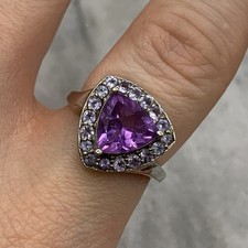 925 Sterling Silver Amethyst & Tanzanite Trilliant Halo Cluster Ring  - Size N