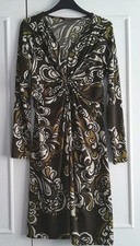 Ladies Flattering Savoir Knee Length Dress Size 12 Long Sleeve Green Brown Beige