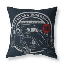 Retro VW Beetle Car FILLED CUSHION Zip Designer Dark Blue