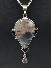 Beautiful SILVER, MOSS AGATE & AMETHYST DROP PENDANT * Christmas Gift Ideas ❤️