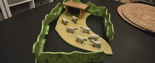 Wooden sheep hut grass with - sheep,