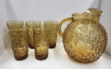 Vintage Anchor Hocking Lido Milano Amber Ball Pitcher w/ (5) Drinking Glasses