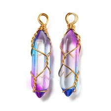 Pointed Glass Pendants Gold Wire Wrapped Blue Clear Pink 41mm 5pcs