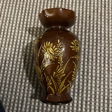 Linthorpe Pottery Floral Glazed Fluted Topped Vase . Brown . 18cm Tall . Stamped