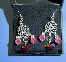 Dream Catchers. Pink Red Crystal Heart. Plated Dangle Earrings. Boxed Gift Idea
