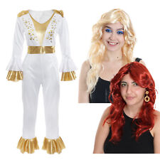 1970'S DANCING DISCO QUEEN COSTUME + WIG FANCY DRESS JUMPSUIT DANCING 70'S DISCO