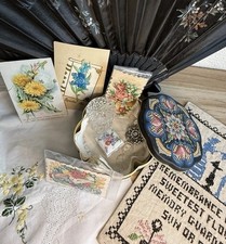 Vintage Painted Folding Fan & Collectible Lot, Victorian Cards, Trinket, Brooch