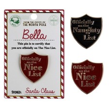 Christmas Personalised Pin Badge Gift Present Santa Claus Red Gold Nice List