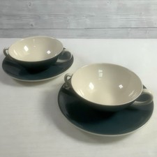 Vintage Poole Pottery Soup Bowls With Saucers Blue Twintone X2