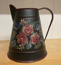 TOLEWARE JUG  HAND PAINTED WITH FLORAL FOLK ART  BARGE WARE 7 " ARTISAN MADE
