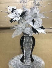 Black Silver Vase With Flowers Mosaic Crushed Crystal Glitter Bling 30 cm
