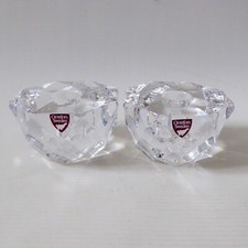 Orrefors pair crystal cut faceted art glass taper dinner candle holders, Swedish