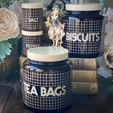 Vintage 1980s Canisters Jar Brown Amber Glass CLP Grid Check & Italian Figurine