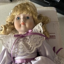 Porcelain Doll 18", 1990s, Blonde Girl in Satin White Lilac Trim Dress & Bonnet