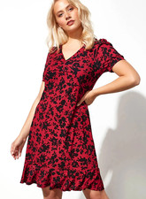Roman dress ladies Red Black floral Print Ruched V-Neck Skater Dress 12 14 16