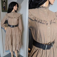 Vintage 70s Gingham Check Western Cotton Prairie Tiered Midi Shirt Dress 10 38