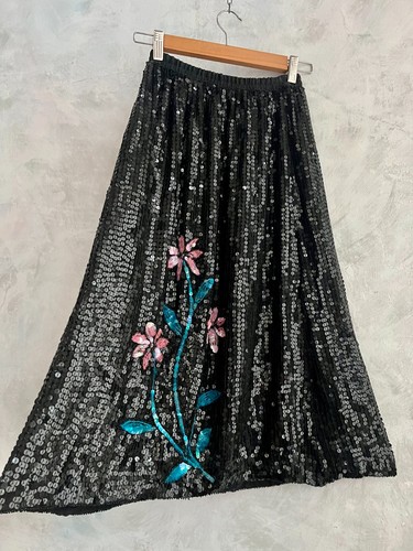 Black pink blue floral - black, sequin
