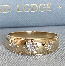 9ct Gold & 3 Stone  Diamond Gypsy Ring, Size T.5, 2.8g, Hallmarked & With Box