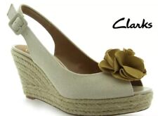 New Clarks Size 7.5 SINITTA BAHAMA OATMEAL CANVAS LEATHER INSOLE WEDGE ?SANDALS