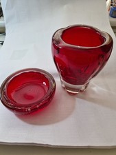 Set of 2, Whitefriars Red Glass Bowl & Vase