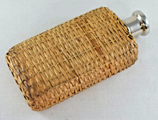 VINTAGE RATTAN WICKER and GLASS PICNIC DRINKS BOTTLE FLASK CHROME CAP 15cm