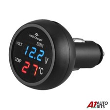 3in1 LED Digital Voltmeter Thermometer 12V 24V Cigarette Lighter USB Car Charger