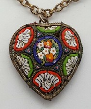 . Italian gilt metal micro mosaic vintage Victorian antique heart shape pendant
