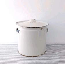 Classic Vintage White Enamel Lidded Storage Jar Rustic Shabby Chic Kitchenalia