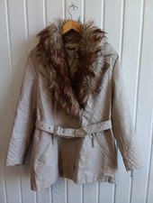 Roman Faux Leather Mid Length Coat  Zip Up Fur Trim Collar Size 14 Stone FO