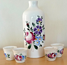 Vintage Hungarian Porcelain Hand Painted Floral Design Vase Bottle 4 goblets
