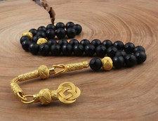 Gold Plated 1000 Ct Silver Turkish Kazaz Onyx Islamic 33 Prayer Beads Tasbeeh