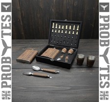 Hip Flask Shot Glasses Cutlery & Chess Game Gift Set Wood Grain Travel Box