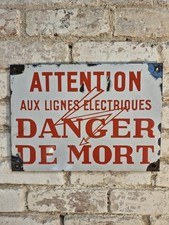 French Antique Enamel Metal Sign "Danger Of Death" Industrial Macabre Wall Art