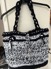 Large Handmade Black and White Crochet Bag Tote Holiday Beach Shopping.