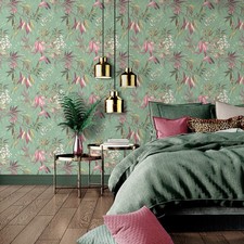 Sage Pink Leaf Wallpaper Green