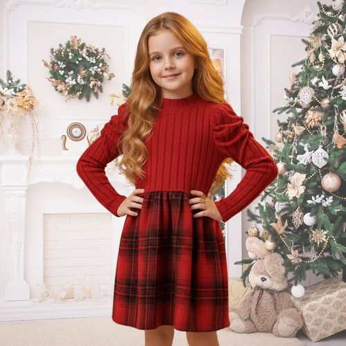 Girls plaid puff - plaid, sleeve