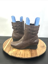 Next Women Brown Leather Ankle Boots UK Size 8 EU 42 Side Zip & Buckle Wide Fit