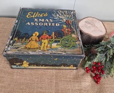 Vintage 1950's Advertising Elkes Xmas Assorted Biscuit Cake Tin