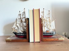 Vintage Ship Boat Wooden Book Ends Pirate Ship Sailing Nautical Clipper